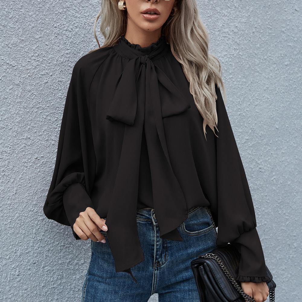 Women S Loose Fit Round Neck 3 4 Sleeve Blouse With Bow Tie Casual Top S