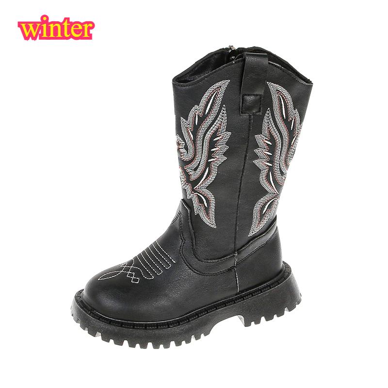 Children Leather Boots Classic Cowboy Embroidery Girls Long Booties Kids Winter Round Toe Soft Snow Shoes Fashion Snow Boots