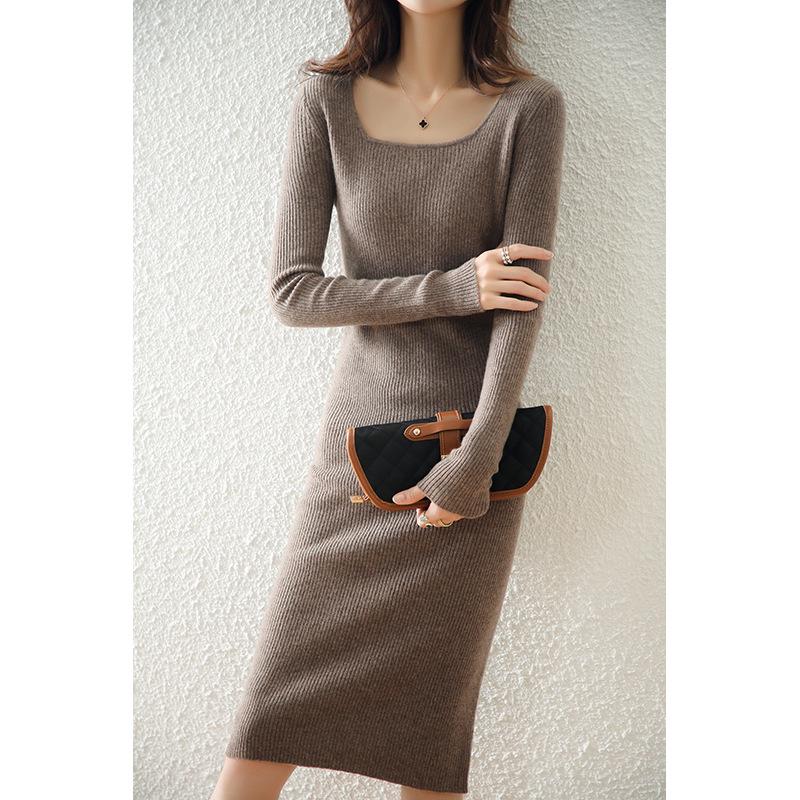 Autumn/Winter 2021 Long-Sleeve Square Collar Knit Wool Dress for Women - Knee-Length