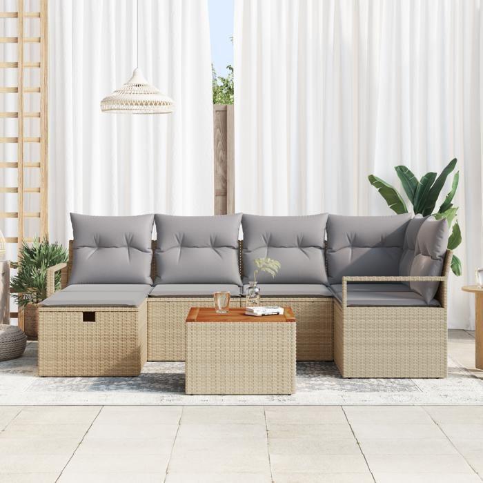 Ensemble de Canapé de Jardin 7 Pièces avec Coussins Beige Poly Rattan, Canapé de Jardin 2 Places avec Coussins Beige Poly 3359539
