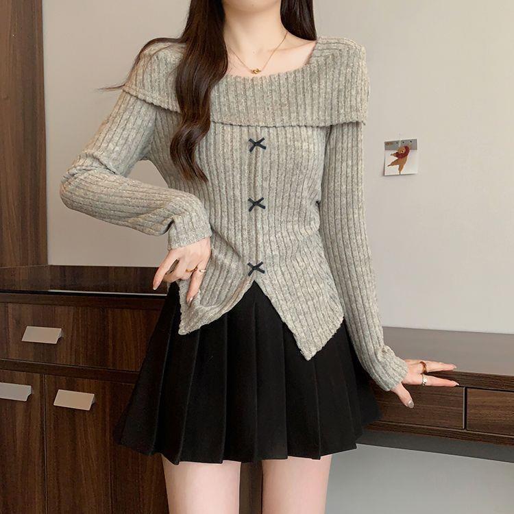 

Plus Size Bow Knit Top: French Square Neck, Long Sleeve Women s Spring Layer 2XL for 130-150 kg хакі