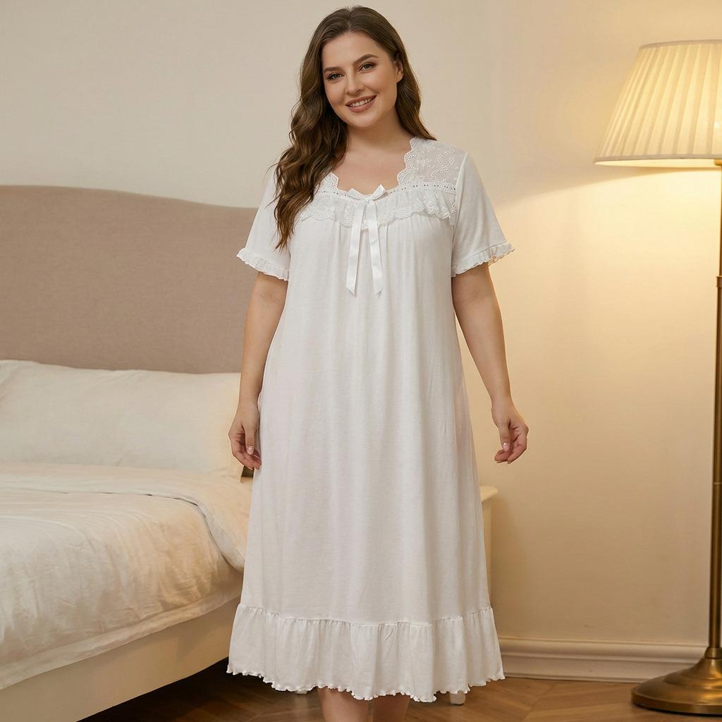 TIFICY Women's Fashion Summer Spring Lace Print Short Sleeve V‑Neck Loose Casual Nightgown