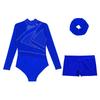 Girls Mesh Long Sleeve Cutout Back Sparkly Rhinestone Leotard V Front Waistband Shorts Hairband Gymnastics Set