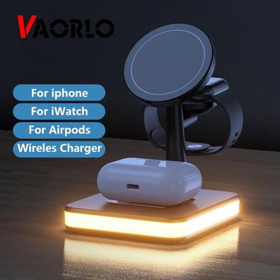 VAORLO Stazione di ricarica wireless 3 in 1 per iPhone 12, 12pro, 12mini, 13pro, iWatch, Airpods con luce notturna, ricarica rapida