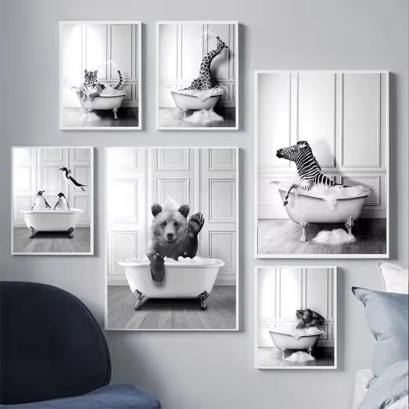Nordic Black and White Toilet Bathtub Canvas Painting Wall Art Bathroom Posters and Prints Animal Elephant Giraffe Home Decor