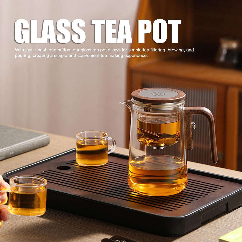 Clear Tea Pot Water Separation Glass Teapot with Strainer 800ml Clear Tea Pot with Wooden Handle Secure Lid Magnetic