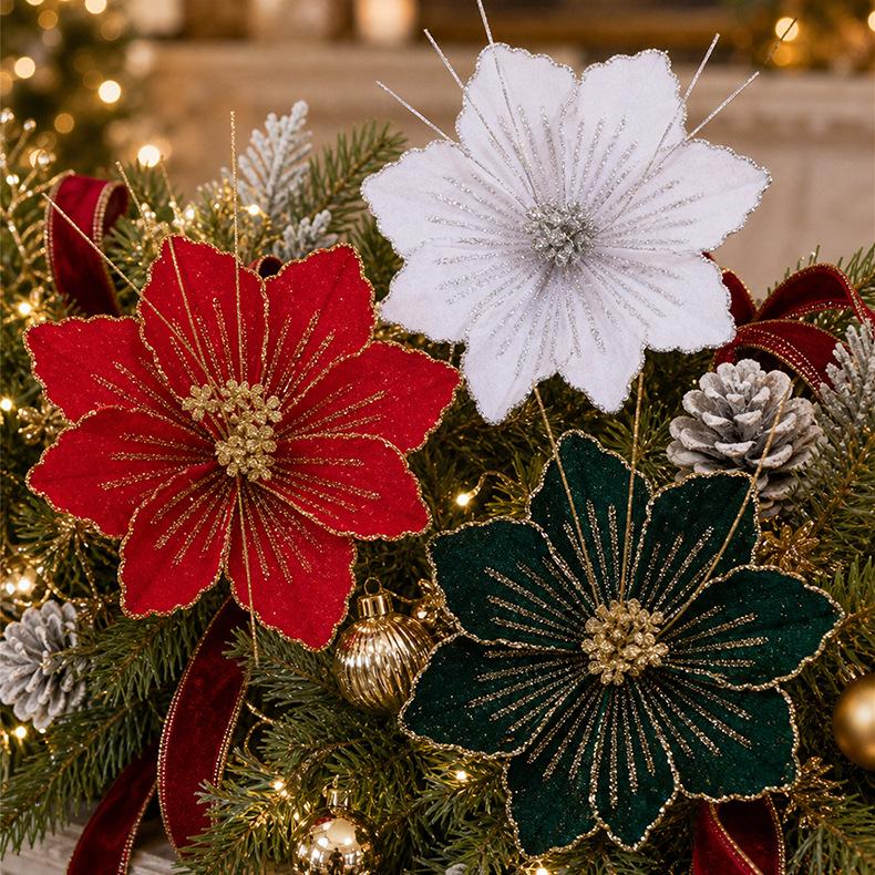Christmas Glitter Artificial Flower Picks, Fabric Floral Branches for Xmas Tree Decor