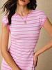 Color Block Stripe Waist-Cinching Round Neck Short Sleeve Women's Maxi Dress