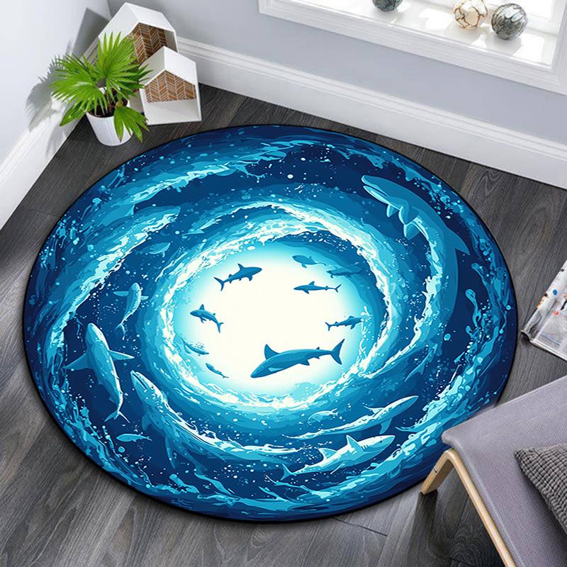 Sharks Round Area Rug,Carpet Rug for Living Room Bedroom Sofa Playroom Decor,Non-slip Floor Mat