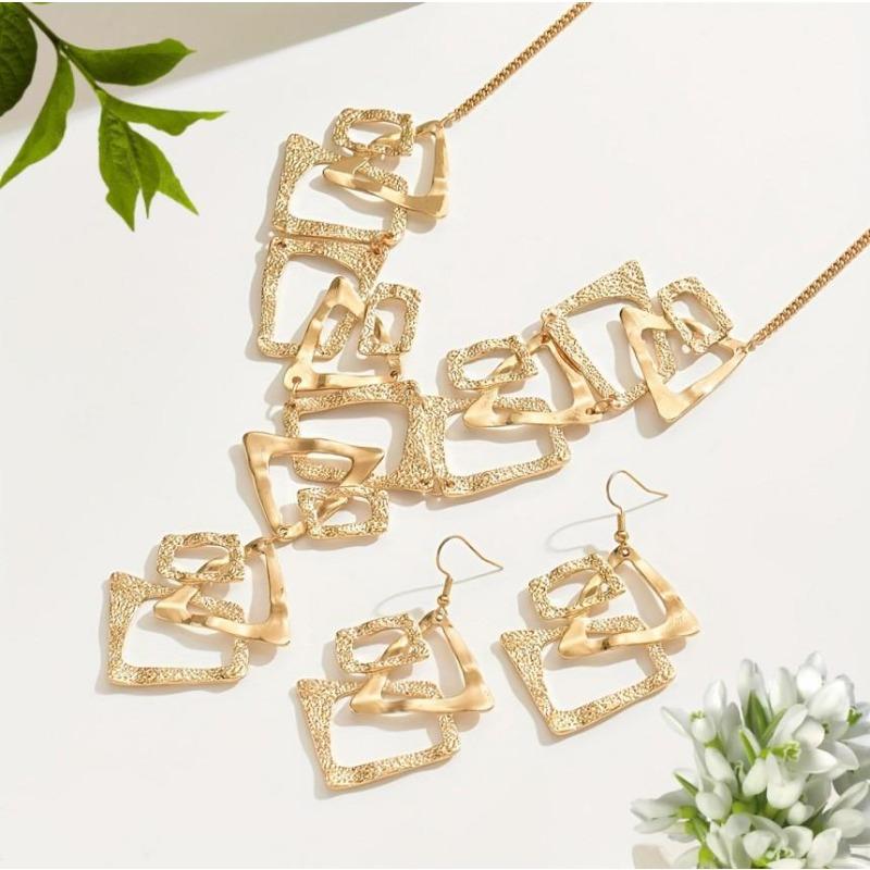 Set di collana e orecchini a forma di Y con ciondolo vintage quadrato triangolare irregolare a splicing