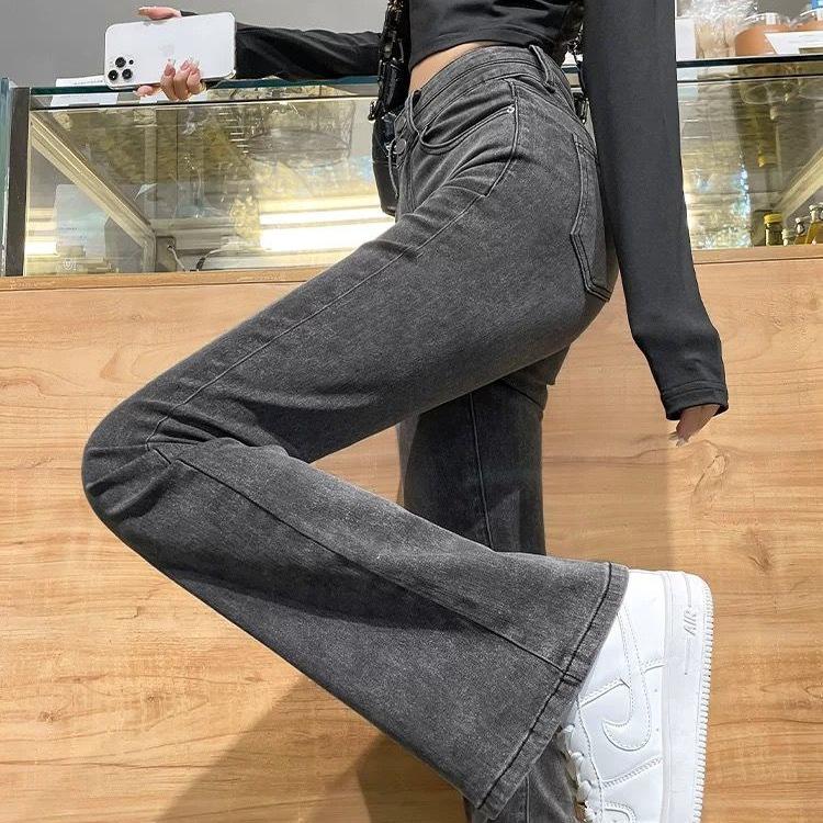 Graue High-Waist-Schlankmacher-Schlagjeans in Übergröße für Damen - Elastisch und Petite Passform, Perfekt für Herbst/Winter