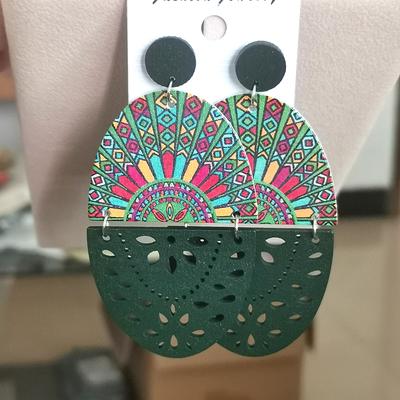 Vintage Bohemian Exaggerated Oval Printed Wooden Earrings for Women Long Hollow Splicing Dangle Earrings Ethnic Female Jewelry