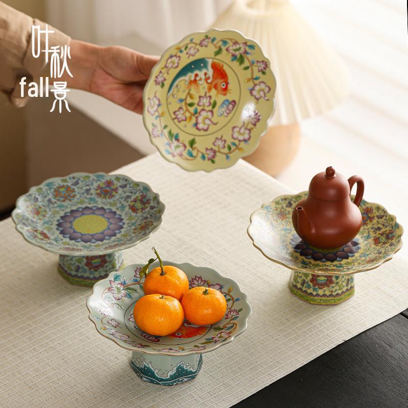 Chinese Ru Kiln Blue and White High-Footed Ceramic Plate for Fruit, Tea, Snacks, Pastries, and Living Room Decor