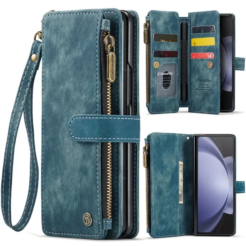 Lanyard Leather Zipper Wallet Card Phone Case For Samsung Galaxy Z Fold 7 6 5 4 Fold6 Fold5 Fold4 Purse Flip Stand Cover