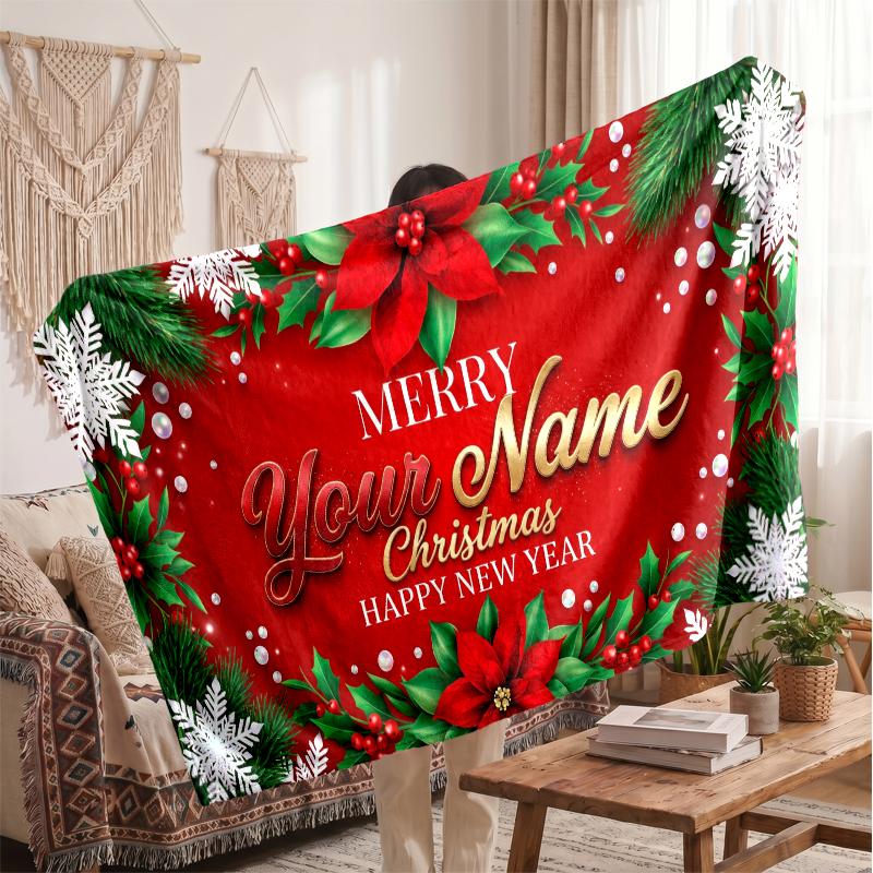 Couverture en Flanelle Personnalisée avec Nom Imprimé de Noël Confort Chaud Jeté de Lit Décoration de Maison Cadeau de Fête