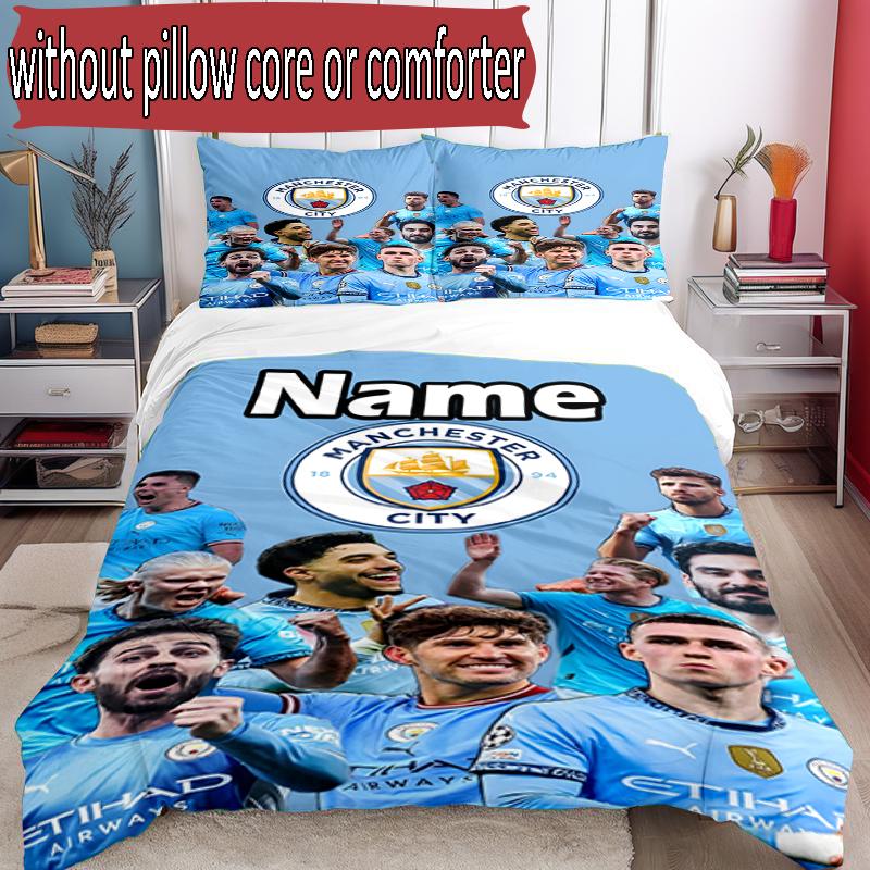 3pcs Duvet Cover Set (1*Duvet Cover + 2*Pillowcase, Without Core), Custom Name Manchester City FC Pattern Bedding Set, Home Bedroom Decor Gift