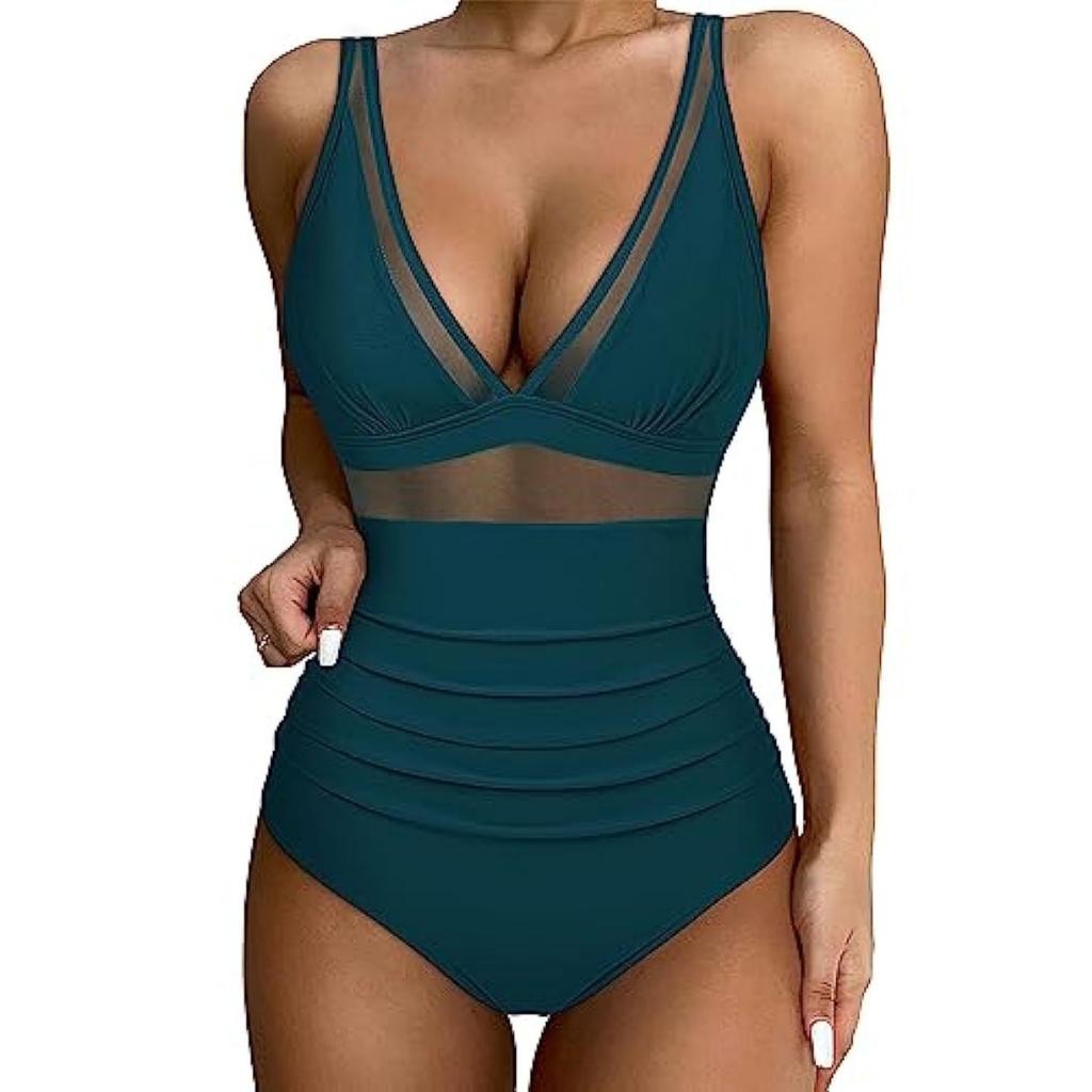 Einteiliger Badeanzug für Damen, ausgehöhltes Mesh, tiefer V-Ausschnitt, Bikini, Strand-Badeanzug