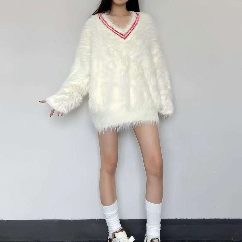 Lazy Style Soft Glutinous V-neck Sweater Women's New Thick Mink White Knitted Loose Top Long Sleeves