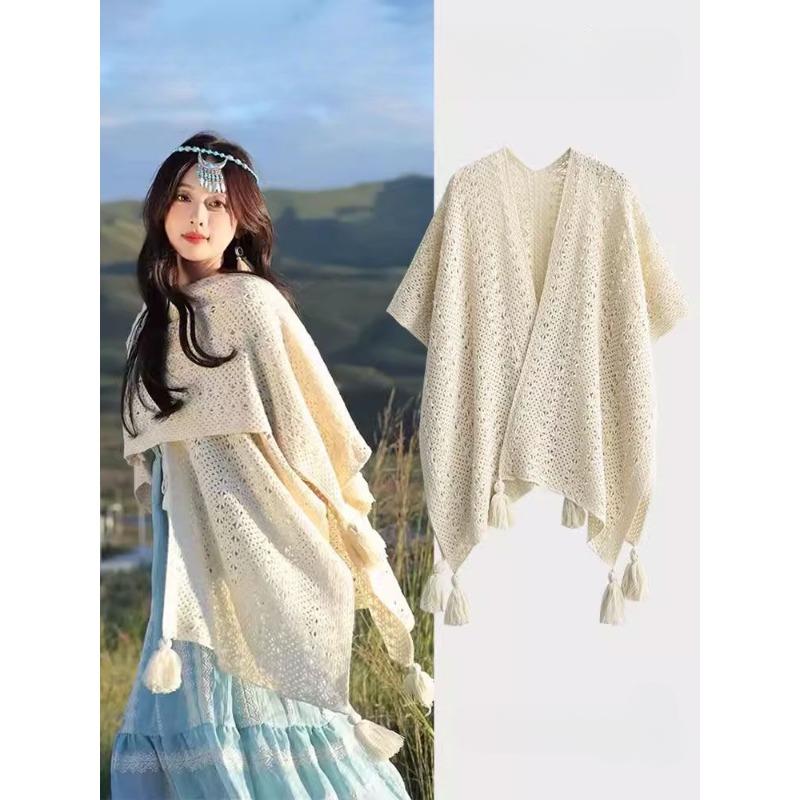 Plášť v etnickém stylu v jednobarevné variantě Dámský pletený svrchní oděv Yunnan Lijiang Xinjiang Xizang Cestovní foto plášť Plášť Kabát
