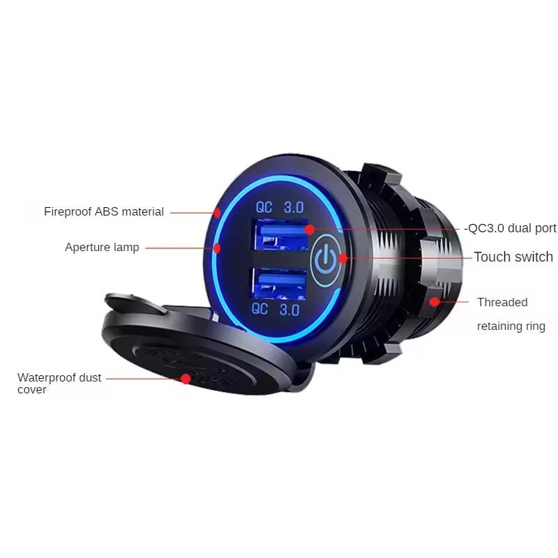 Quick Charge 3.0 Dual USB Car Charger Waterproof 12V/24V QC3.0 USB Fast Charger Socket Power Outlet with Touch Switch