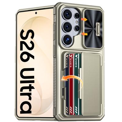 Z Uchwytem na Karty, Przesuwaną Osłoną Aparatu i Stojakiem do Etui na Telefon Samsung Galaxy S26 Ultra, Odporne na Upadki Etui-Portfel z PC+TPU - Szampański