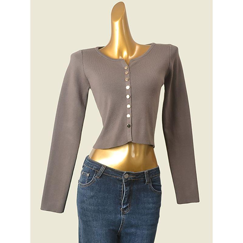 American Sexy Metal Buckle Knitting Outer Wear Cardigan Long Sleeves Female 2025 Spring High Waist Short Pure Desire Sexy Top