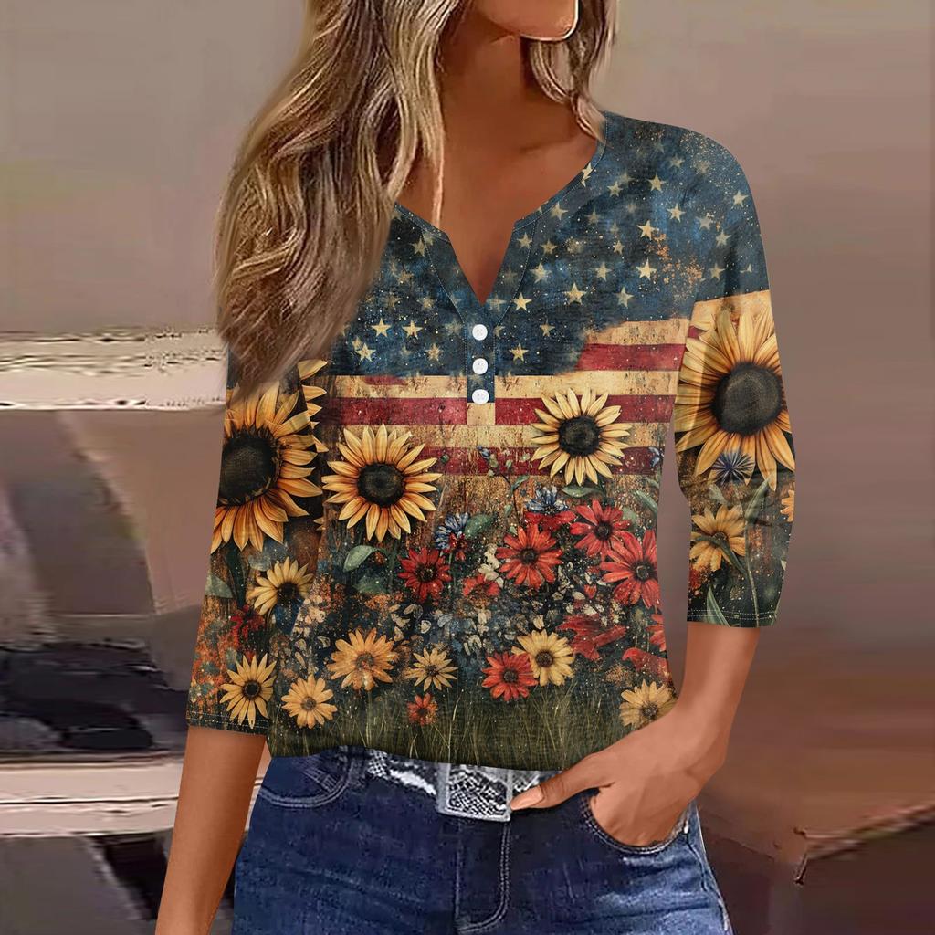 Women's T Shirt Tee Print Button 3/4 SleeveDaily Weekend Fashion Basic V- Neck Regular Top