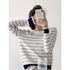 Dark Blue Contrasting Color Hollow Striped Women's Clothing New Small Crew Neck Loose Shirt Top Women