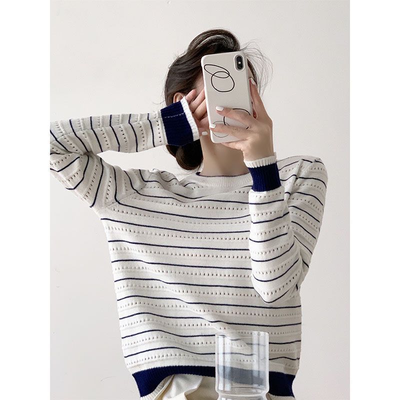 Dark Blue Contrasting Color Hollow Striped Women's Clothing New Small Crew Neck Loose Shirt Top Women