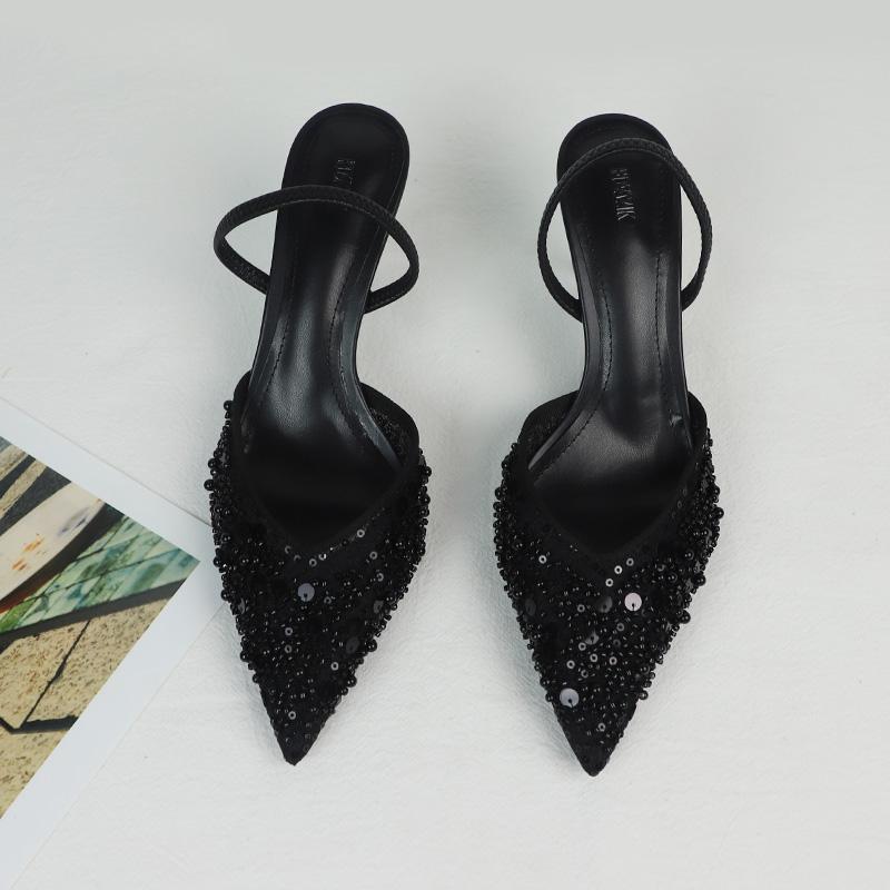 Mode Elegant Party High Heels Damenschuhe Glitzernde Pailletten Perlen Mesh Markendesign 2025 Sommer Stiletto Büro Dame Luxussandalen