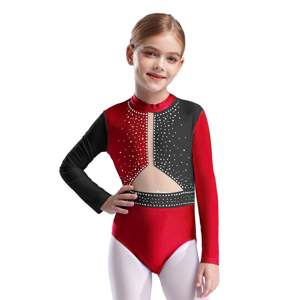 Mädchen Turnanzug Langarm Schlüsselloch Rücken Farbblock Patchwork Funkelnde Strasssteine Body für Tanzwettbewerb