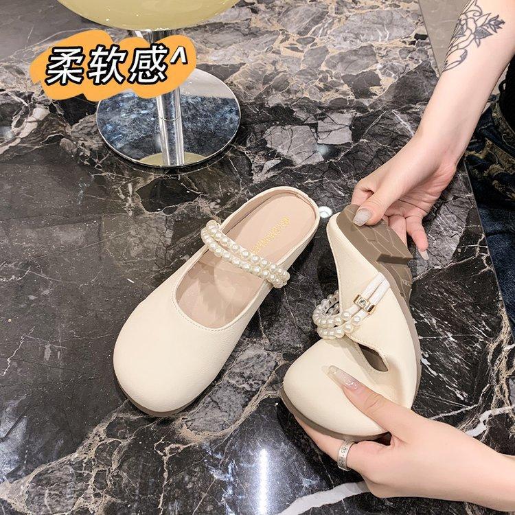 Baotou half slippers women's summer wear 2025 new flat Mary Jane single shoes pearl one pedal Muller sandals