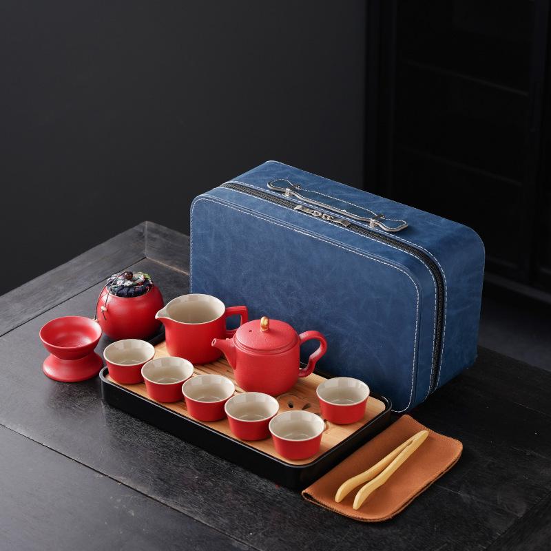 High-End Portable Ceramic Tea Set with Teapot, Teacups, and Tray for Household or Outdoor Use