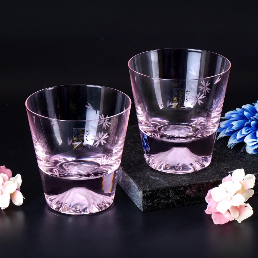 Tajima Glass Fuji Cherry Blossom Rocks Glasses of Souvenir Grand Prix Edo Edo Rocks 60th Overseas Celebration Made in Paulownia Wood Includes Views of
