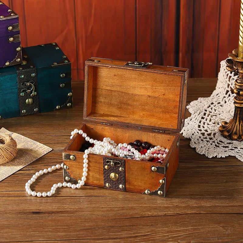 Treasure Chest Jewelry Box Solid Wood Vintage Design Handmade for Women Trinket Box Photo Props Storage Box Decorative Trunk