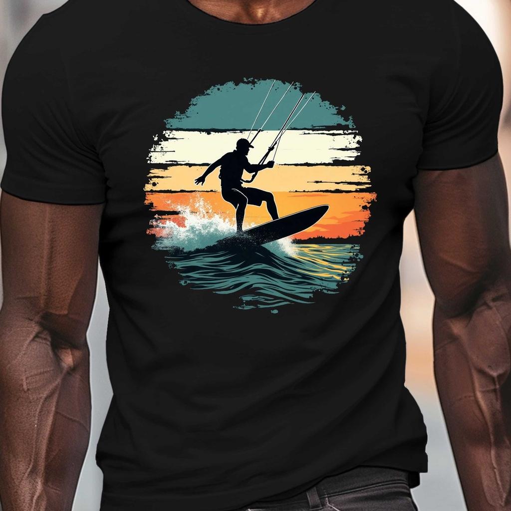 Kitesurfing Sunset Graphic Tee Men Breathable Cotton Casual Short Sleeve TShirt Outdoor Watersports