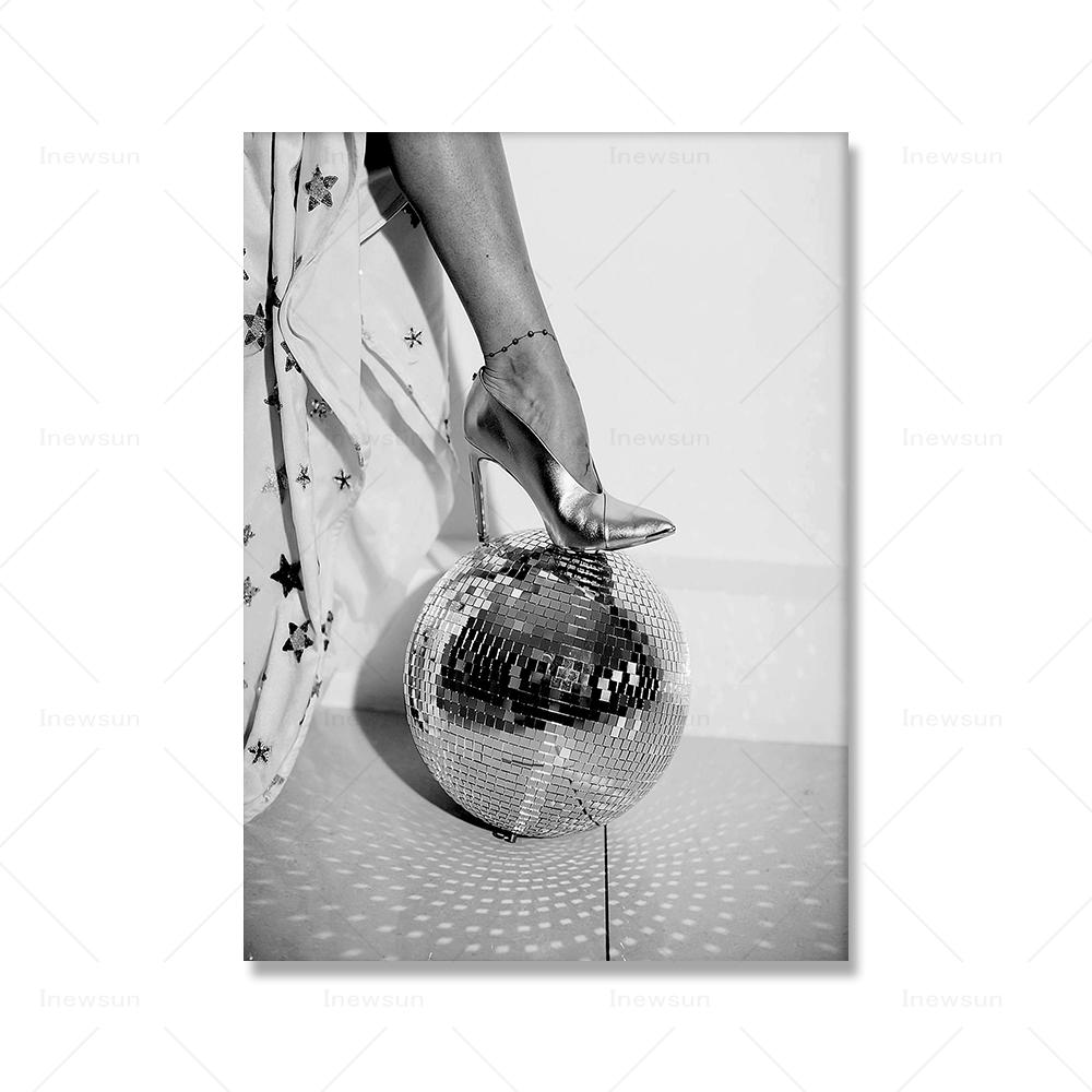 High Heels Disco Ball Print Black and White Fashion Poster Trendy Wall Art Pictures Party Girly Dorm Room Decor Canvas Painting