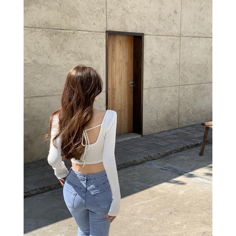 Square Collar Long-sleeved T-shirt for Women for Autumn New White Straps Short Backless Slim Base Shirt Top