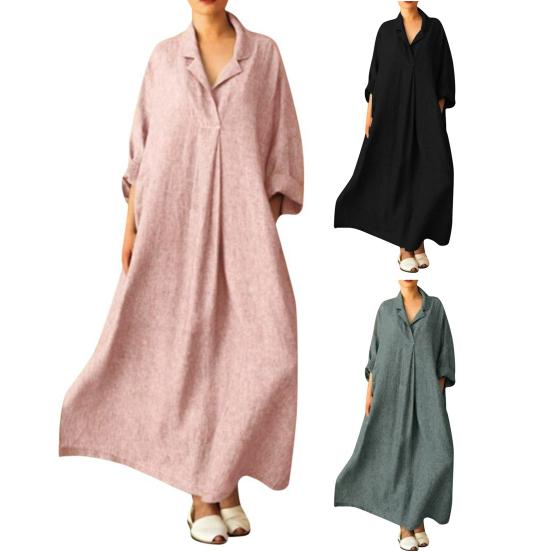 Outono Primavera Mulheres Maxi Vestido A-line Bainha Solta Mangas Compridas Decote V Plissado com Bolsos Laterais Pulôver Cor Pura Vestido de Uso Diário Bolsas
