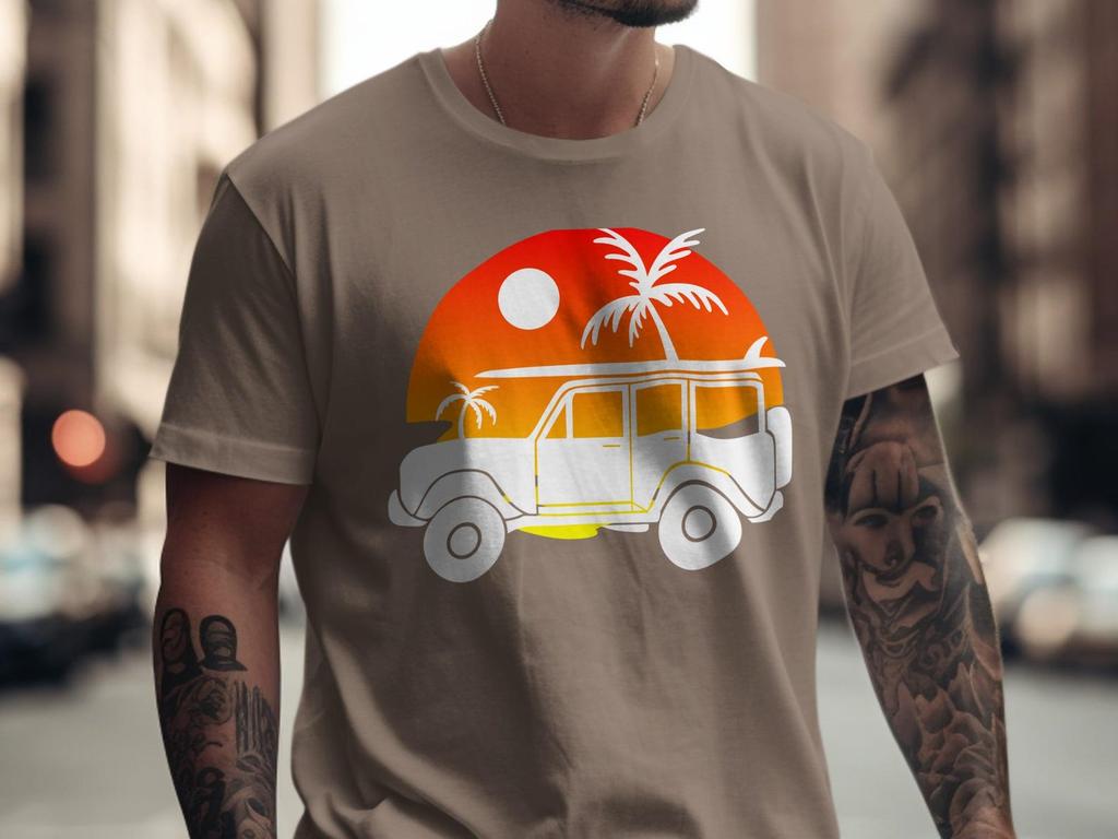Retro Sunset Beach Van T-Shirt | Palm Tree Surfboard Summer Tee
