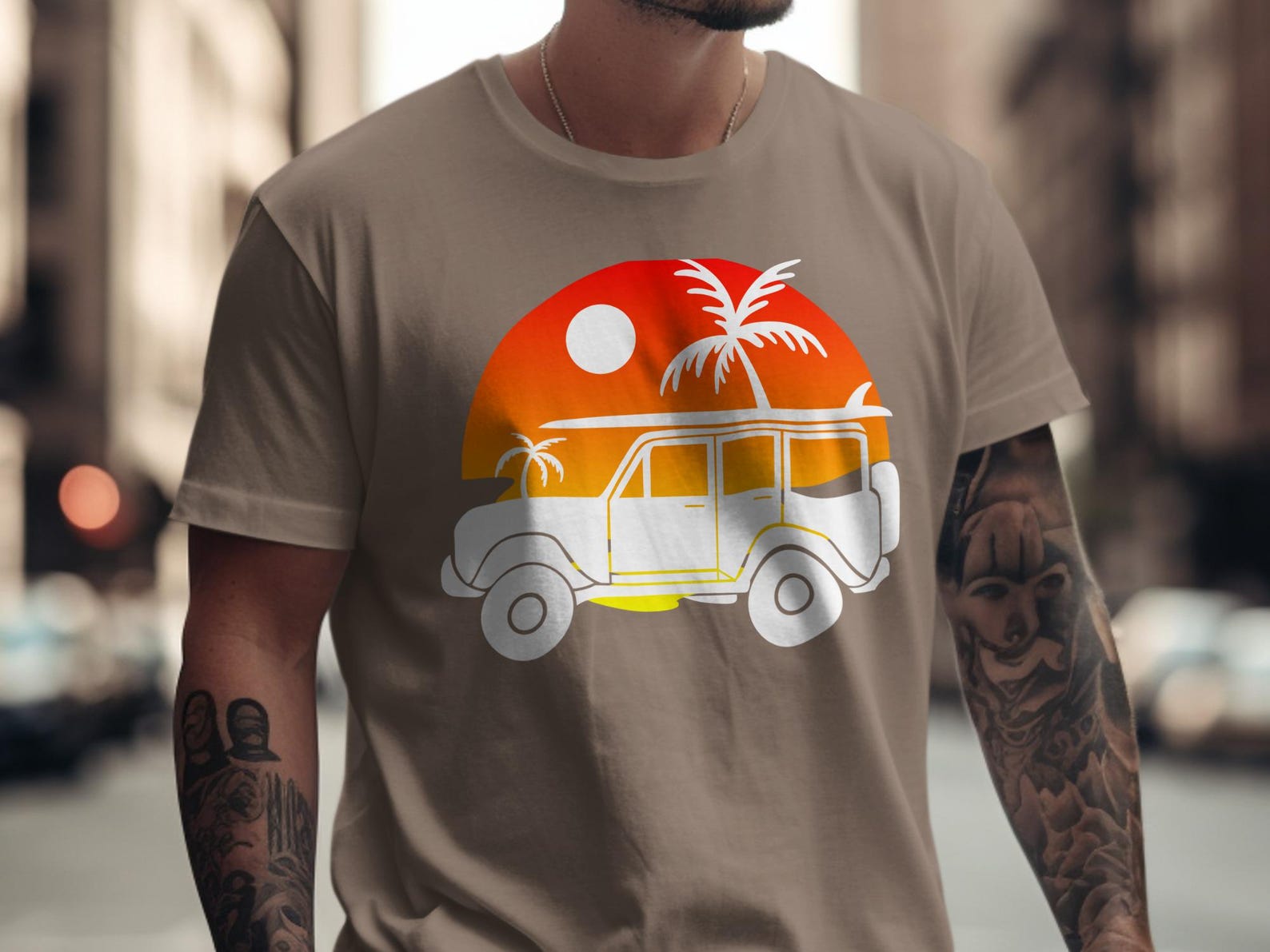 Retro Sunset Beach Van T-Shirt | Palm Tree Surfboard Summer Tee 3XL
