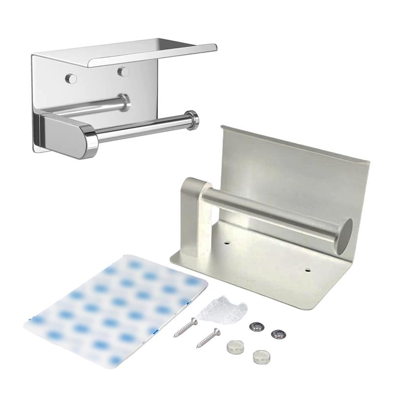 Stainless Steel No-Drill Bathroom Toilet Paper Holder with Phone Shelf - Wall-Mounted Space-Saving Design for Home WC & Restroom