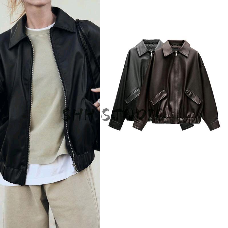Spring New Arrival Women's Clothing Loose Artificial Leather Poly Urethane Leather Jacket Outwear 3046540 3046376