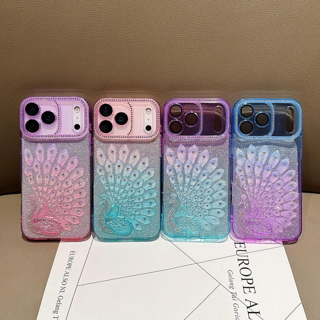 Colorful Gradient Glitter Peacock iPhone 17 Case with Rhinestones for Apple 16 Pro Max