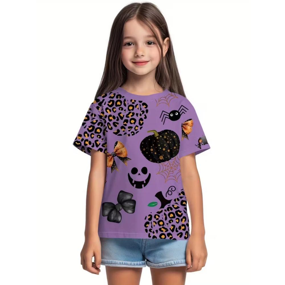 Girl's T-shirt Halloween Cartoon Pumpkin Print Round Neck Short Sleeved Top Fashionable Girl's Clothing Holiday Children's Clothing