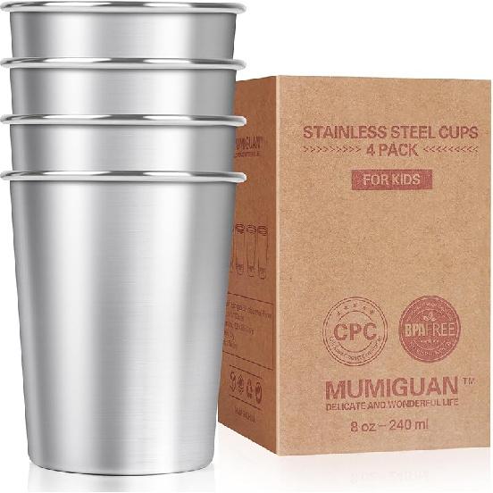 Stainless Steel Cups for Kids 12oz/350ml (4 Pack), Stainless Steel Tumbler, Kids Cups, Camping Stainless Steel Cups, Stackable Metal Drinking 8 OZ, 4 Pack