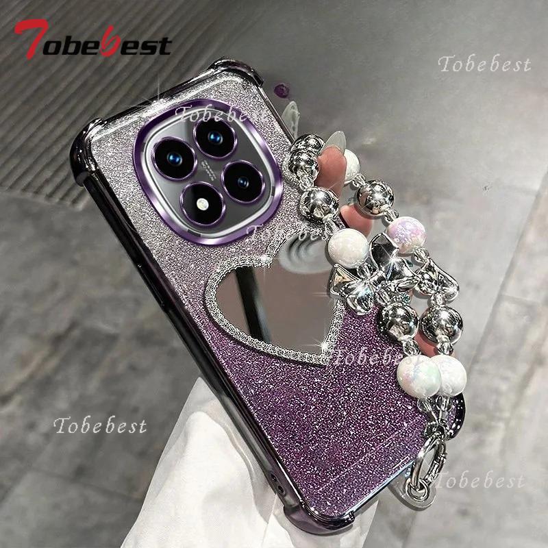 Glitter Plating Love Mirror Bracelet Case for Xiaomi Redmi Note 14 13 12 11 10 9 9S Pro Plus 4G 5G Shockproof Silicone Cover