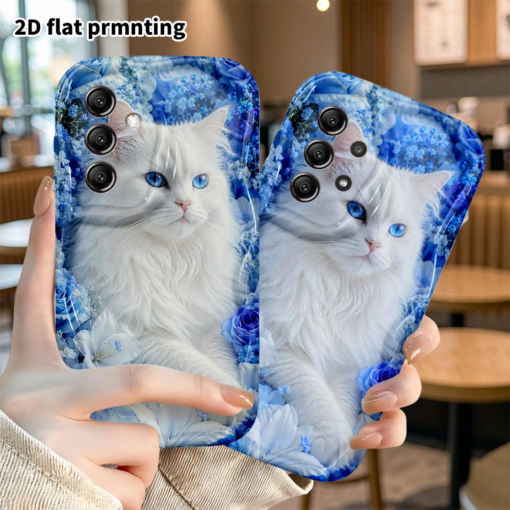 Phone Case: 2D flat Samsung Galaxy A34 A35 M05 M06 S20 S22 S21 FE Plus 5G protective case, white long-haired cat, perfect Christmas and Halloween holi