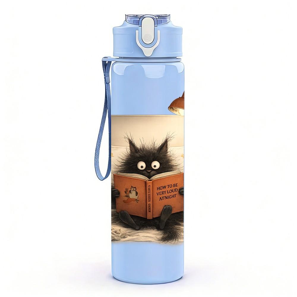 1PC Black Cat Sit On Vintage Book Bag Print 750ml Color Plastic Sports Water Bottle Leakproof Flip Straw Lid Suitable for Sports Office Home Use