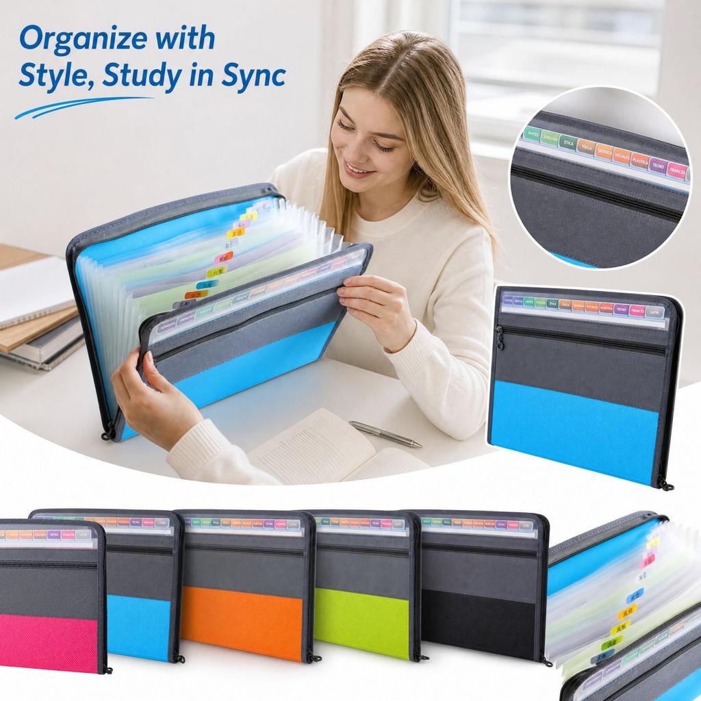 Accordion File Folder for Students, 13-Pocket Expanding with Zipper, Large Capacity Multi-Layer Document Storage Bag